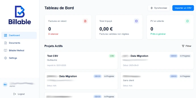 Billable- capture d'écran du tableau de bord